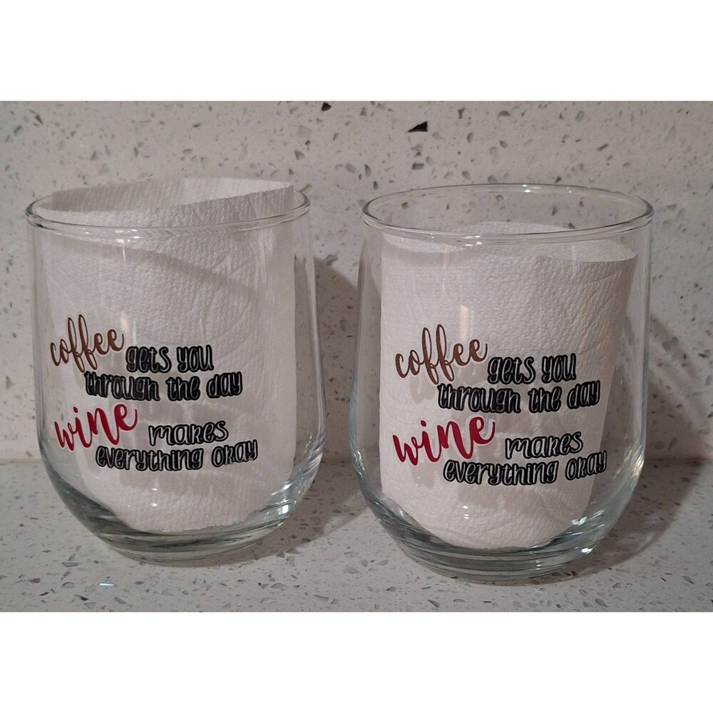 Stemless Wine Glasses 2 Coffee Gets You Through the Day Wine Makes Everything Ok